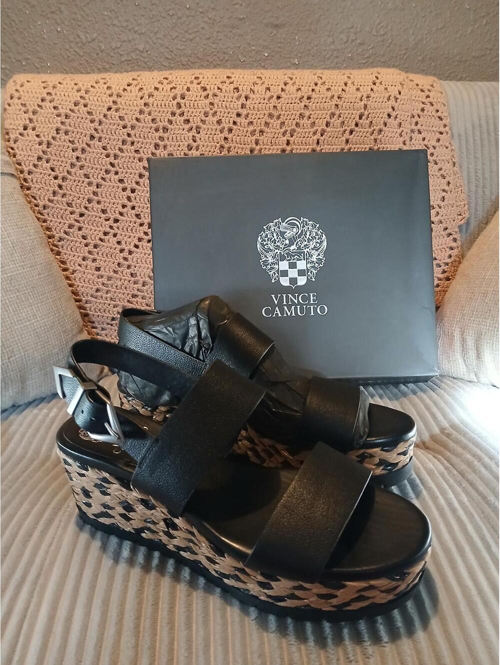 Vince Camuto Black and Tan Woven Platform Wedge Sandals